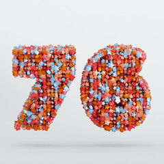 Number 76 3D Text Illustration, Digits With Pink And Sky Colors Stars, 3D Render In 4K Resolution, Isolated On White Background, With Shadow ..