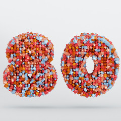 Number 80 3D Text Illustration, Digits With Pink And Sky Colors Stars, 3D Render In 4K Resolution, Isolated On White Background, With Shadow ..