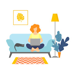 Woman with laptop sitting on the sofa. Freelance or studying concept. girl works at a computer in a home interior. vector