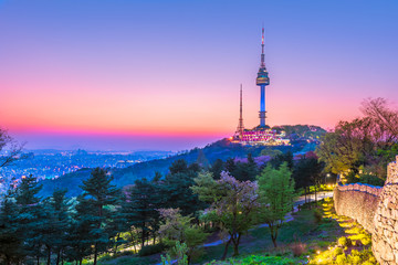 Twilight Seoul Tower in Spring at south korea.