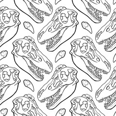 Hand Drawn Seamless pattern of Cartoon Dinosaur Skull for girls, boys, clothes. Funny aleontology wallpaper for textile and fabric. Paleontology style