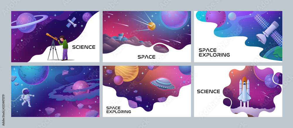 Wall mural four colorful space and science poster designs showing an astronomer, spaceman rocket, planets, sate