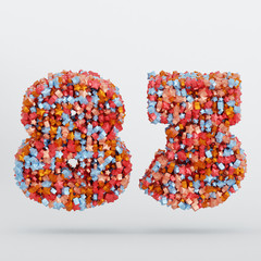 Number 83 3D Text Illustration, Digits With Pink And Sky Colors Stars, 3D Render In 4K Resolution, Isolated On White Background, With Shadow ..