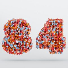 Number 84 3D Text Illustration, Digits With Pink And Sky Colors Stars, 3D Render In 4K Resolution, Isolated On White Background, With Shadow ..