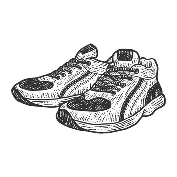 Pair of sports men sneakers. Sketch scratch board imitation. Black and white hand drawn image.