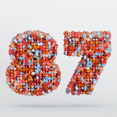 Number 87 3D Text Illustration, Digits With Pink And Sky Colors Stars, 3D Render In 4K Resolution, Isolated On White Background, With Shadow ..