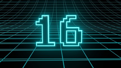 Number 16 in neon glow cyan on grid background, isolated number 3d render