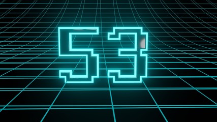 Number 53 in neon glow cyan on grid background, isolated number 3d render