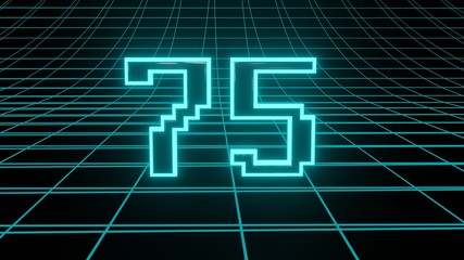 Number 75 in neon glow cyan on grid background, isolated number 3d render