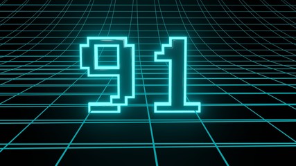 Number 91 in neon glow cyan on grid background, isolated number 3d render
