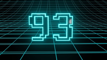 Number 93 in neon glow cyan on grid background, isolated number 3d render