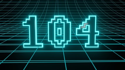 Number 104 in neon glow cyan on grid background, isolated number 3d render