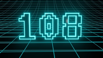 Number 108 in neon glow cyan on grid background, isolated number 3d render - obrazy, fototapety, plakaty