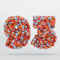 Number 93 3D Text Illustration, Digits With Pink And Sky Colors Stars, 3D Render In 4K Resolution, Isolated On White Background, With Shadow ..