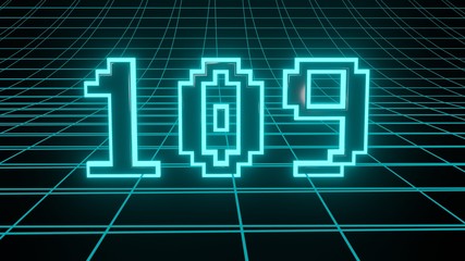 Number 109 in neon glow cyan on grid background, isolated number 3d render