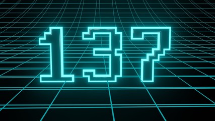 Number 137 in neon glow cyan on grid background, isolated number 3d render