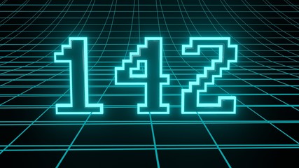Number 142 in neon glow cyan on grid background, isolated number 3d render