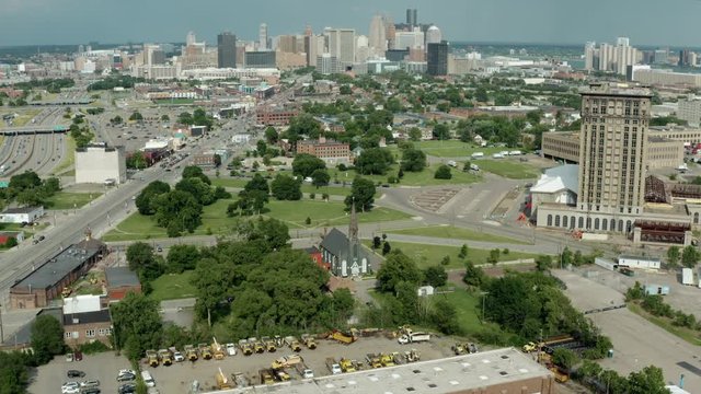 Detroit Downtown Skyline Drone Church Flyover