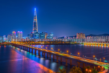 Seoul Subway and Seoul City Skyline at Han river Seoul, South korea.