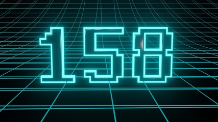 Number 158 in neon glow cyan on grid background, isolated number 3d render