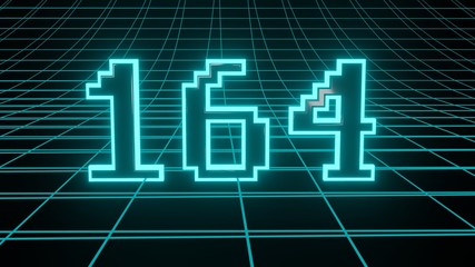 Number 164 in neon glow cyan on grid background, isolated number 3d render