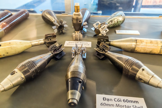 A view shows the mortar shells Vietnam War Remnants Museum Vietnamese, District 3, Ho Chi Minh City, Vietnam - JANUARY 25, 2015.