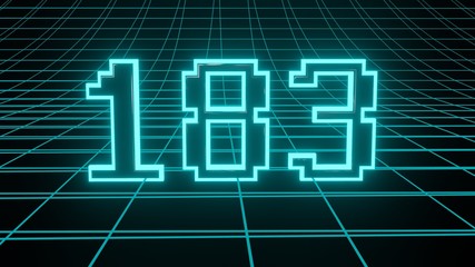 Number 183 in neon glow cyan on grid background, isolated number 3d render
