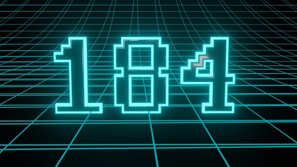 Number 184 in neon glow cyan on grid background, isolated number 3d render