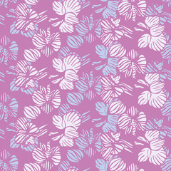 Fototapeta na wymiar Violet orchids striped seamless vector pattern. Decorative girly surface print design with tropical flowers. For fabrics, backgrounds, cards, invitations, gift wrap, scrapbook paper, and packaging.