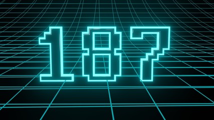 Number 187 in neon glow cyan on grid background, isolated number 3d render