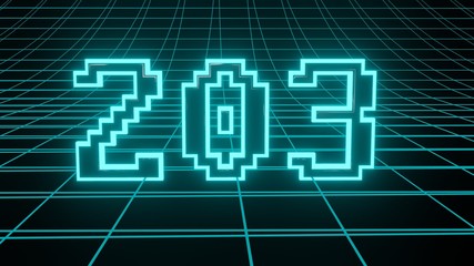 Number 203 in neon glow cyan on grid background, isolated number 3d render