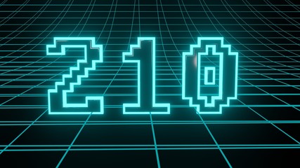 Number 210 in neon glow cyan on grid background, isolated number 3d render