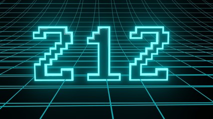 Number 212 in neon glow cyan on grid background, isolated number 3d render