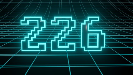 Number 226 in neon glow cyan on grid background, isolated number 3d render