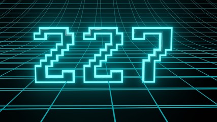 Number 227 in neon glow cyan on grid background, isolated number 3d render