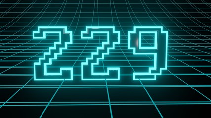 Number 229 in neon glow cyan on grid background, isolated number 3d render