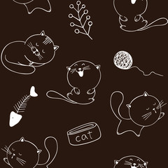 Seamless pattern with outline doodle cats