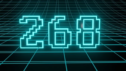 Number 268 in neon glow cyan on grid background, isolated number 3d render