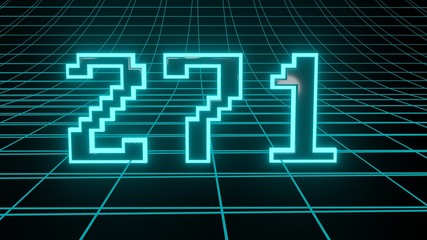 Number 271 in neon glow cyan on grid background, isolated number 3d render