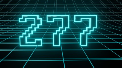 Number 277 in neon glow cyan on grid background, isolated number 3d render