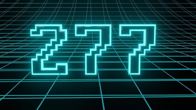 Number 277 in neon glow cyan on grid background, isolated number 3d render