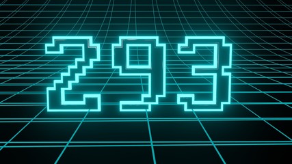 Number 293 in neon glow cyan on grid background, isolated number 3d render
