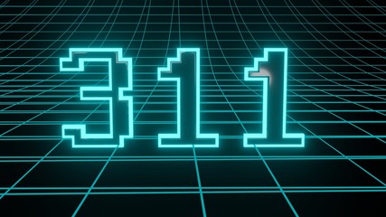 Number 311 in neon glow cyan on grid background, isolated number 3d render