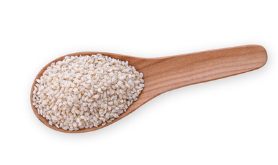 Fototapeta na wymiar White sesame seeds in a wooden spoon isolated on a white background. Top view.