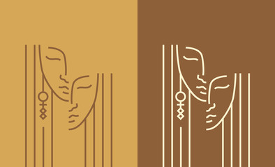 Artistic illustration of a woman face. Linear drawing of a human head. Vector emblem.