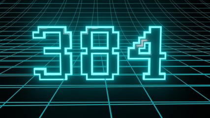 Number 384 in neon glow cyan on grid background, isolated number 3d render