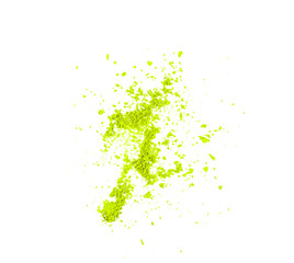 Green tea matcha powder are diffused and diffused. Isolated on a white background. Top view.