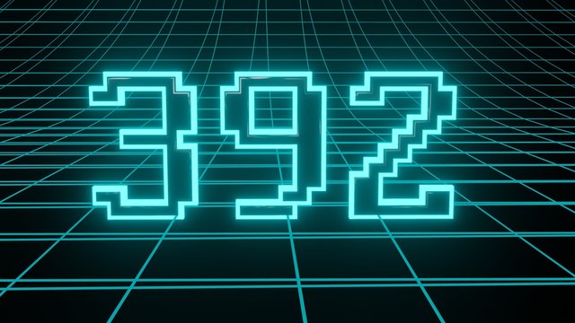 Number 392 in neon glow cyan on grid background, isolated number 3d render