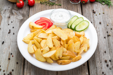 Tasty french fries on cutting board