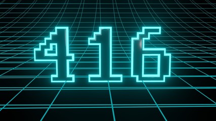 Number 416 in neon glow cyan on grid background, isolated number 3d render